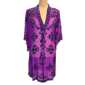 VTG Hale Bob Burnout Silk Velvet Kaftan Beach Cover Up Sz S Purple Resort Boho